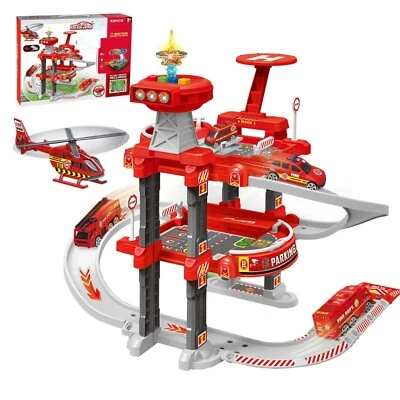 ESUN Spiel-Parkgarage Feuerwehr-Parkhaus Spielzeug für Kinder, Parkgarage mit Licht
