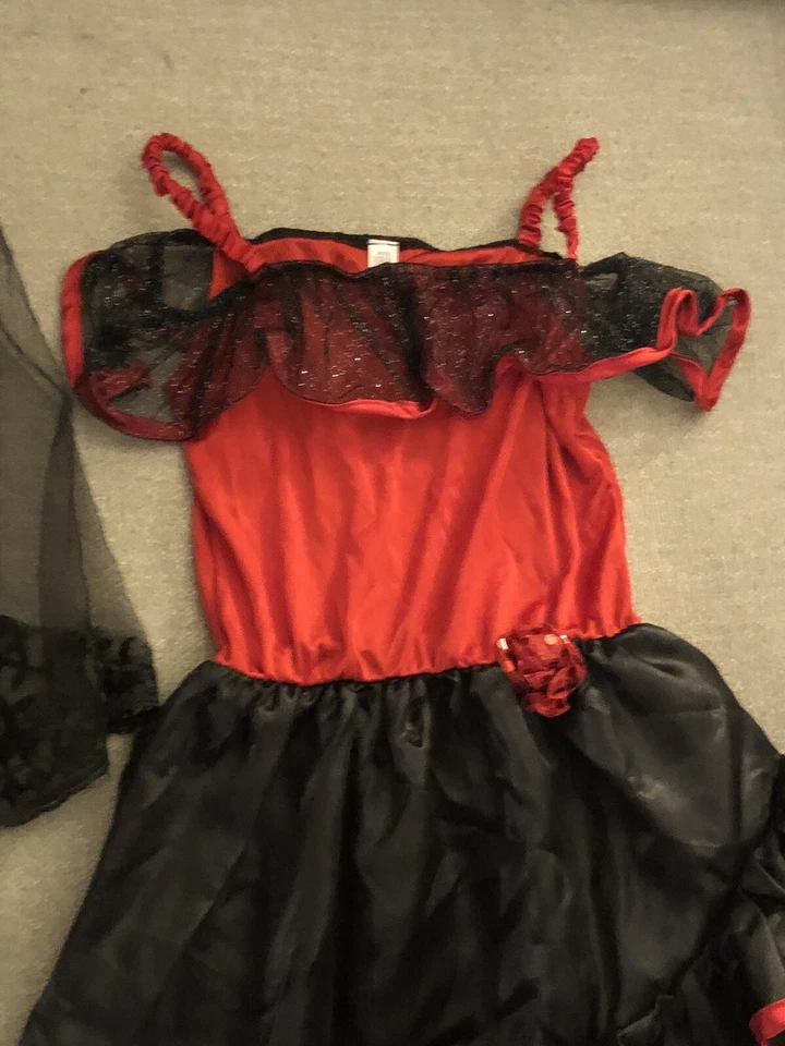 BAILARINA ESPAÑOLA DÍA DE LOS MUERTOS NIÑAS VESTIDO NEGRO VELO GUANTES M 8-10 Disfraz Foto 4 de 4