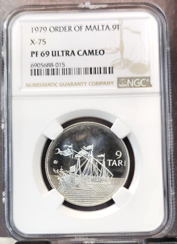 1979 ORDER OF MALTA SILVER 9 TARI X-75 SHIP NGC PF 69 ULTRA CAMEO TOP POP 1