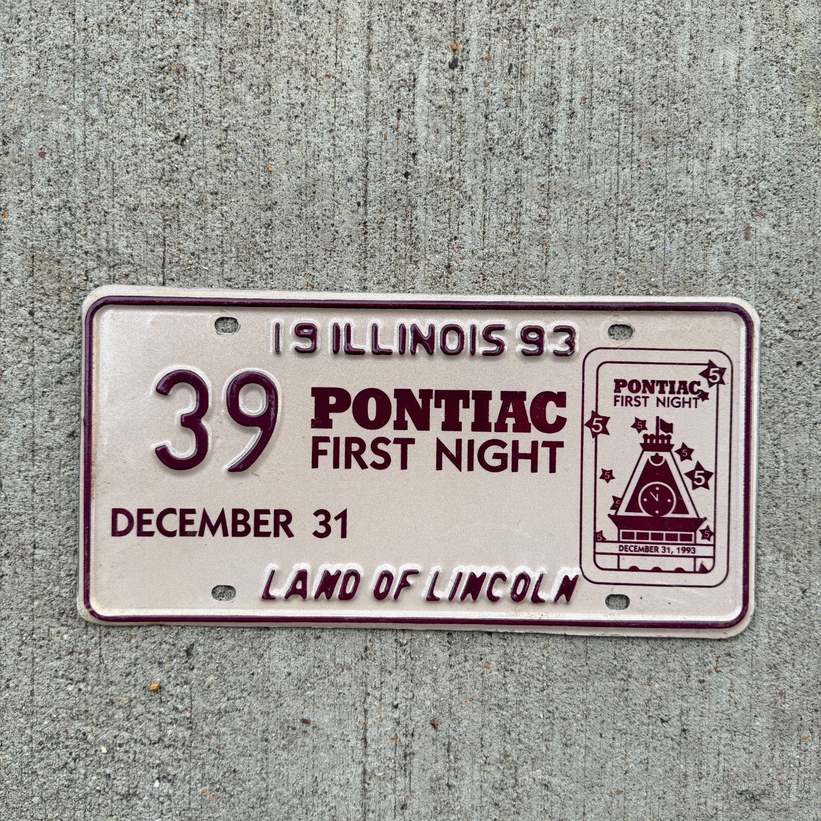 1993 Illinois EVENT License Plate Auto Tag Garage Pontiac New Years Eve 39