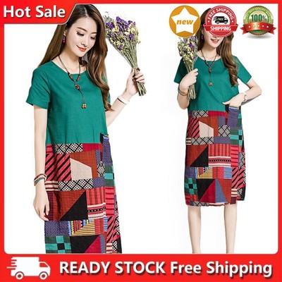 Ethnic Plus Size Printing Patchwork Dress Women Loose Dresses (Green 4XL) DE