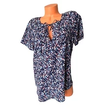 A.N.A A New Approach Blouse Sz L Multicolor on Navy V-Neck w String Tie NEW Tag
