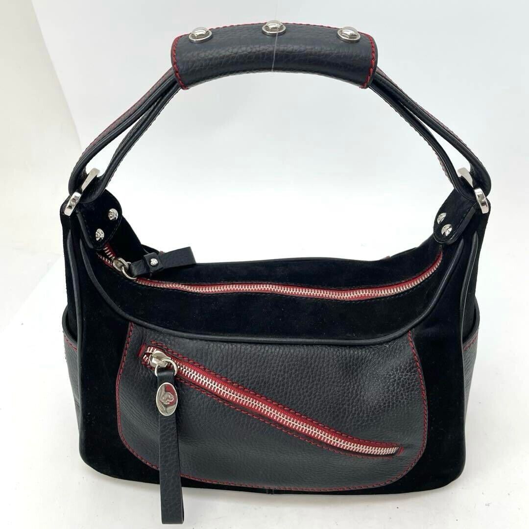 Tod's Ferrari Shoulder Bag Handbag Suede Leather Black Red Tod's Ferrari Shoulder Bag Handbag Suede Leather Black Red