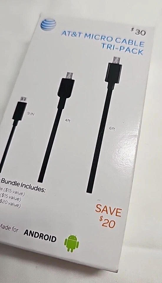 AT&T Micro USB Charging Cable Tri-Pack 9in 6ft 4ft USB Data Sync Transfer Black - Image 4 of 4