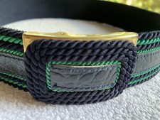 VTG Belt Womens XS Austria W. Germany Buckle Navy Blue Leather Green Cord Brass