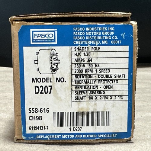NEW OPEN BOX- Fasco D207 1/30HP 1-Speed Dbl Shaft AC Motor 230V 3000RPM WARRANTY - Picture 2 of 4