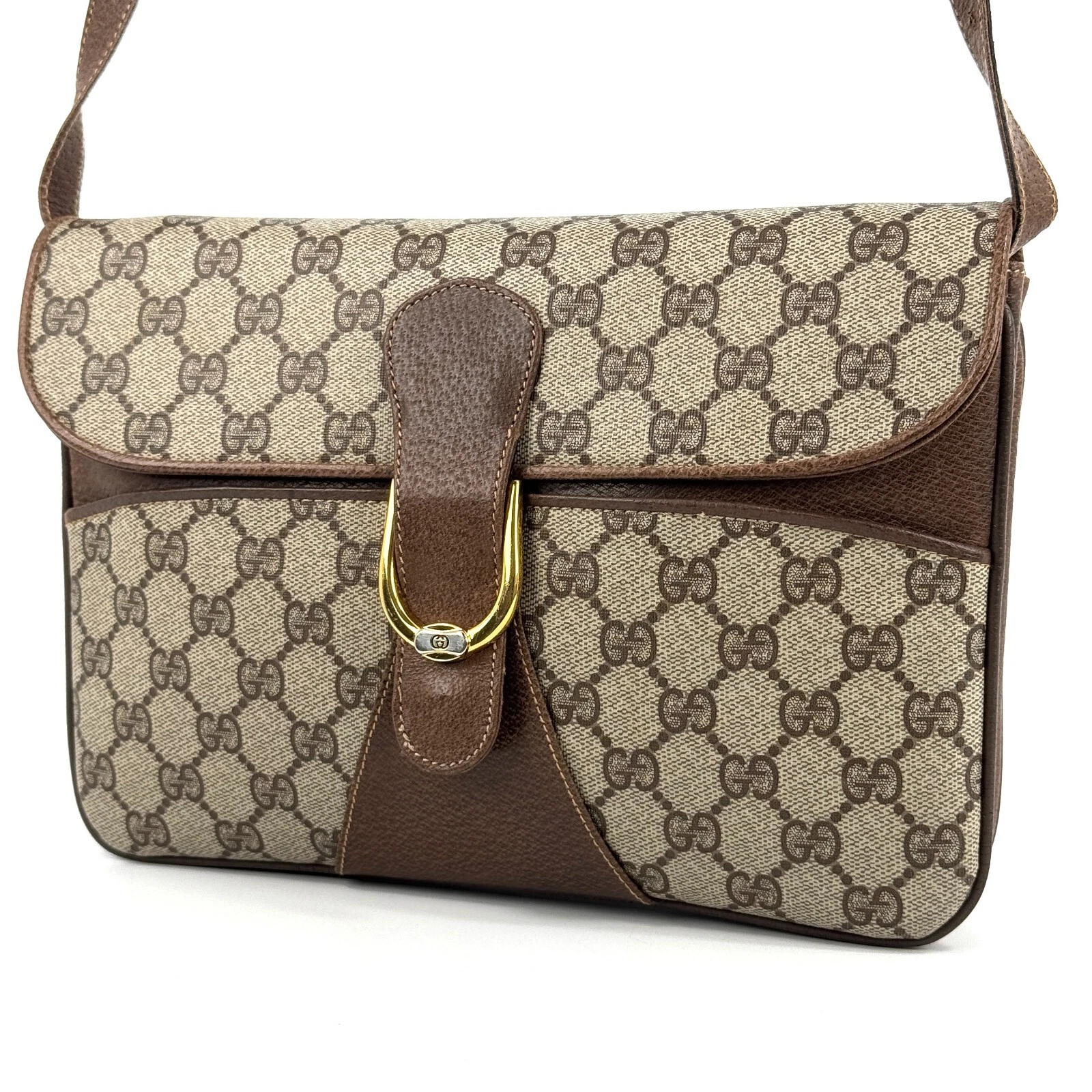 Sac bandoulière vintage GUCCI GG Supreme marron PVC cuir authentique