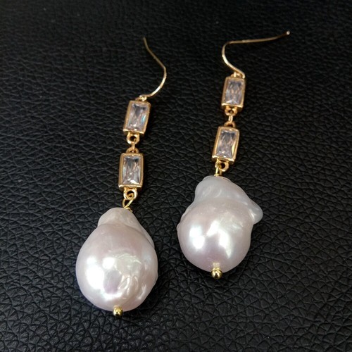 Cultured White keshi Pearl Cz pave Chain Dangle Hook Earrings - Picture 4 of 5