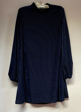 New Lulus Dress XL Ticket to Chic Blue Striped Velvet Balloon Sleeve Pullover