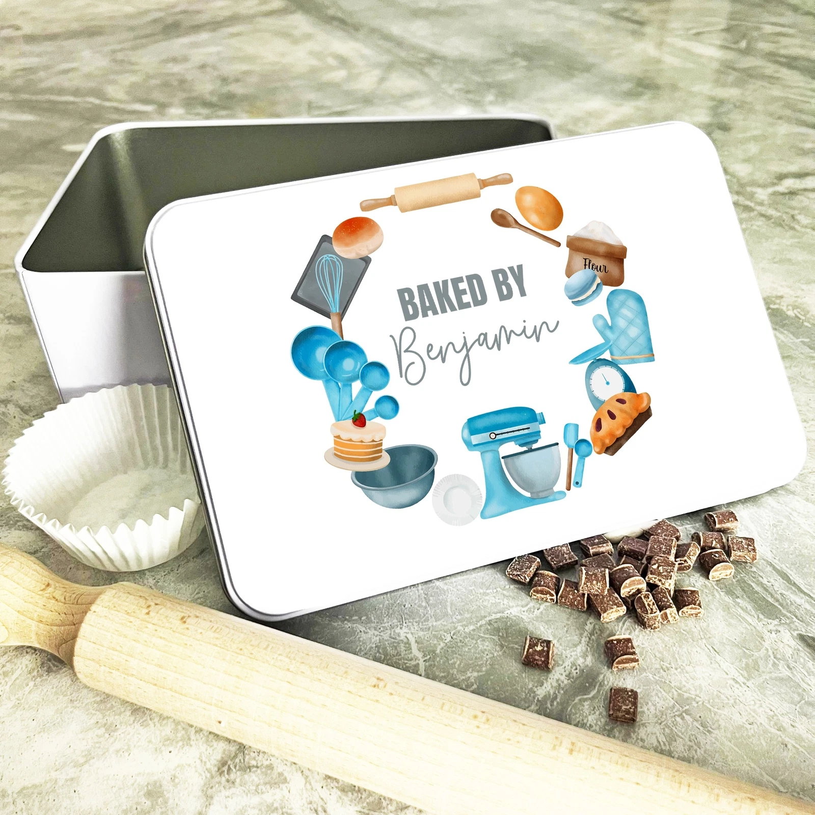 Watercolour Blue Baking Baked By Rectangle Personalised Cake Tin
