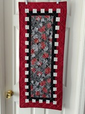 Handcrafted Quilted Table Runner, Black, Red, Silver. NEW. BEAUTIFUL.