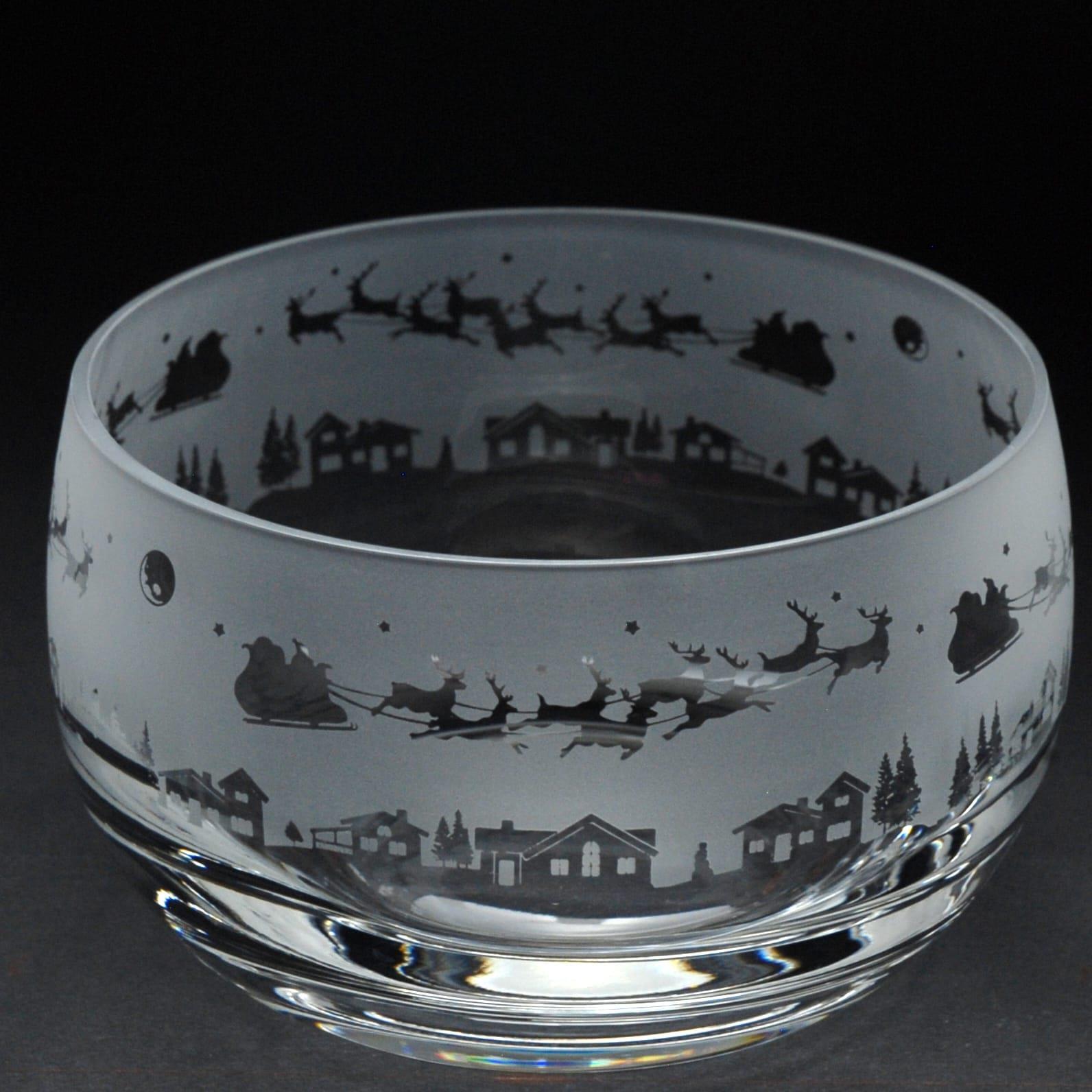 Christmas Glass Bowl Festive Santa in Sleigh Engraved Gift Boxed Home Ornament