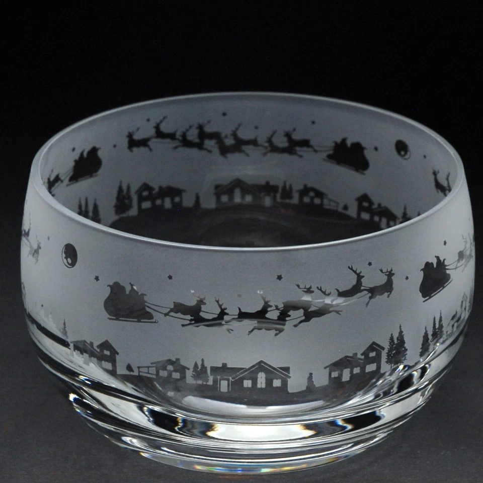 ANIMO GLASS Christmas Glass Bowl Festive Santa in Sleigh Engraved Gift Boxed Home Ornament