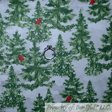 BonEful FABRIC FQ Cotton Quilt White Snow Scenic Forest Pine Tree Cardinal Bird