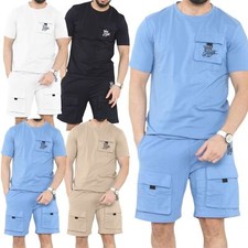 Mens Tracksuit Shorts & Top Tech Cargo Fleece Set T-Shirt Shorts Stretch Outfit