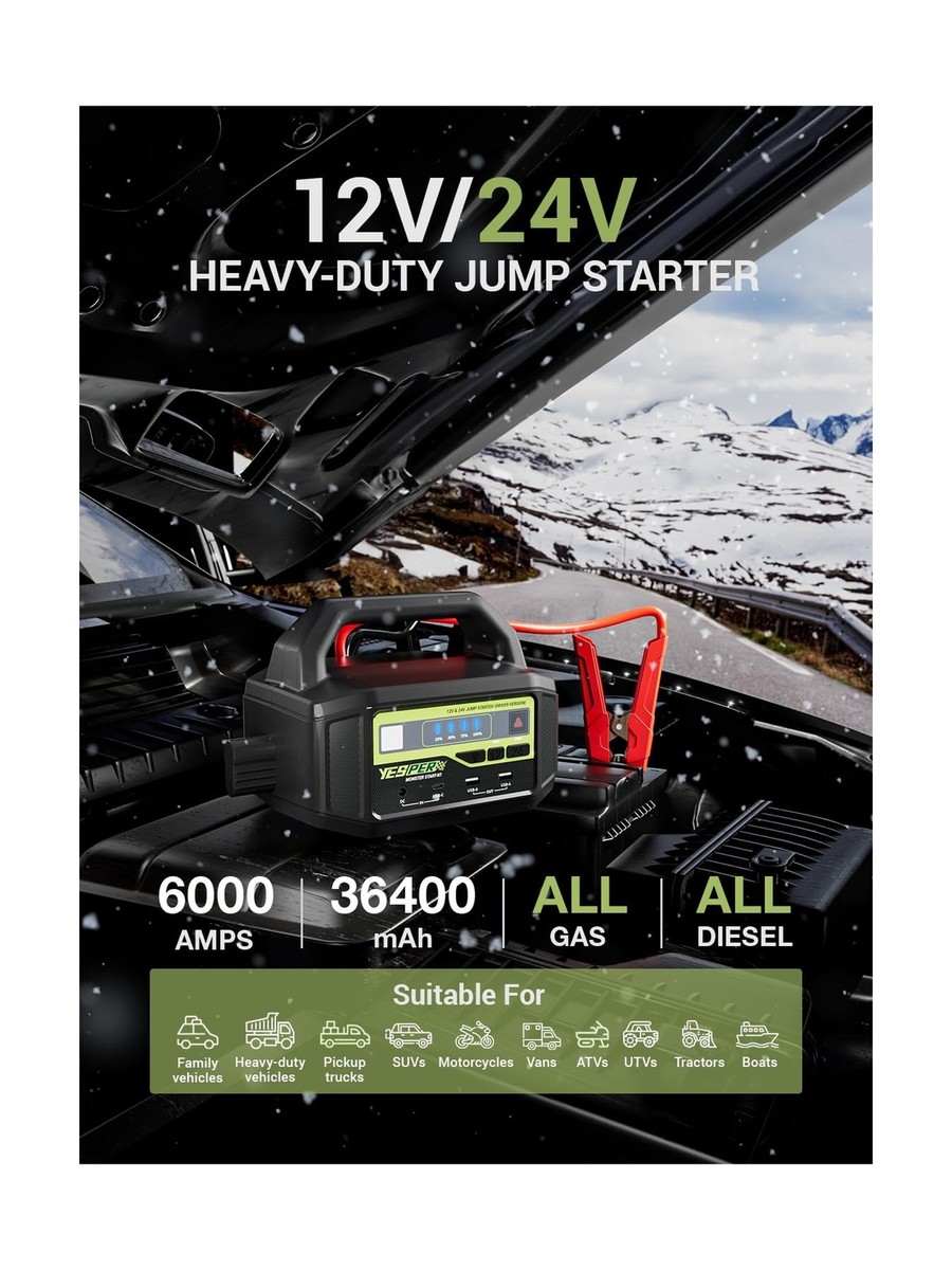 YESPER 12V/24V Car Jump Starter, 6000A Peak 5.1 lbs Portable Jump