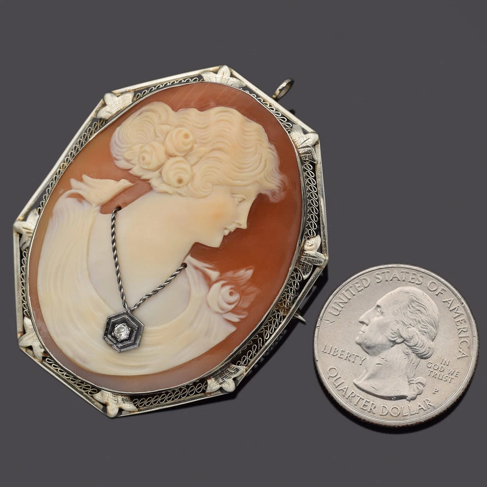 Antiguo broche colgante grande ovalado diamante camafeo oro blanco de 14 quilates 14,9 gramos Foto 4 de 4