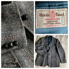 Vtg Harris Tweed Sport Coat Blazer Mens 44L Gray Multi Stripe USA Leather Button