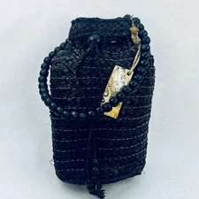 sun n sand Bucket Bag Straw Beach Drawstring Bead Handle Small Woven Rattan