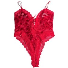 Vintage 90s Victorias Secret Gold Label Bodysuit Sz Large Red Velvet Sheer Lace