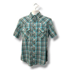 Wrangler Shirt Mens M Turquoise Plaid Short Sleeve Western Front Pearl Snap