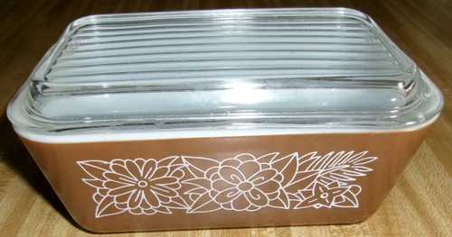 VTG Pyrex Brown Woodland Flowers 1.5-pint Refrigerator Dish #502 w Ribbed Lid