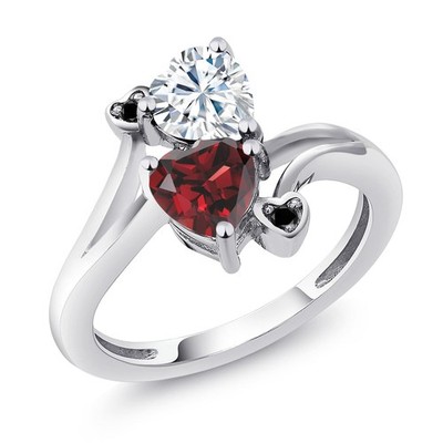 925 Sterling Silver White Moissanite Garnet and Black Diamond Ring For Women