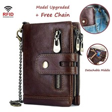 Men's RFID Blocking Wallet Leather Purse Card Slots Coins Holder Chain UK Stock