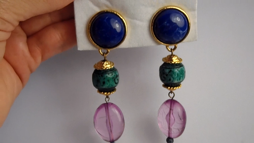Pendientes colgantes vintage azul verde púrpura clip años 80 3" de largo - Vídeo 1 de 1