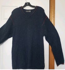 FISHERMAN Out Of Ireland 100 Wool Sweater Blue w/Red Accent Large Long Sleeves