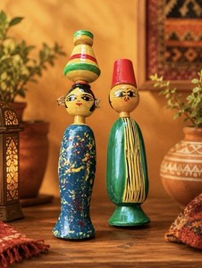 Vintage Egyptian Spindle Dolls Cairo Folk Art Hand Painted Wood Set Unique Decor