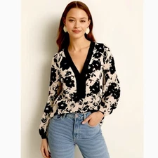 Nicole Miller Black White Floral Top Sz 12 Large Sheer Blouse Long Sleeve Top