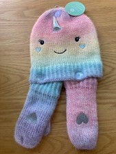 NWT Barnes  Noble Girl's Hat  Mitten Set - Unicorn - Fleece Lined Size 3-5