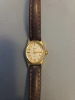 Vintage Timex Watch Women Gold Tone Oval Dial Leather Band--Running