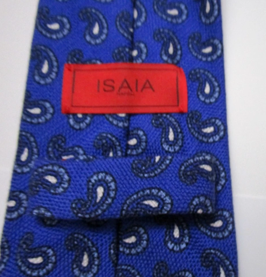 NWOT NUEVO ISAIA NAPOLI 7 FOLD MADE ITALY COTTON Neck Tie BLUE PAISLEY 3 3/8" X61" Foto 3 de 4
