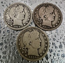 1914 1915 & 1916-D Barber Quarter 3-Coin Lot 90% Silver Historic U.S. 25C