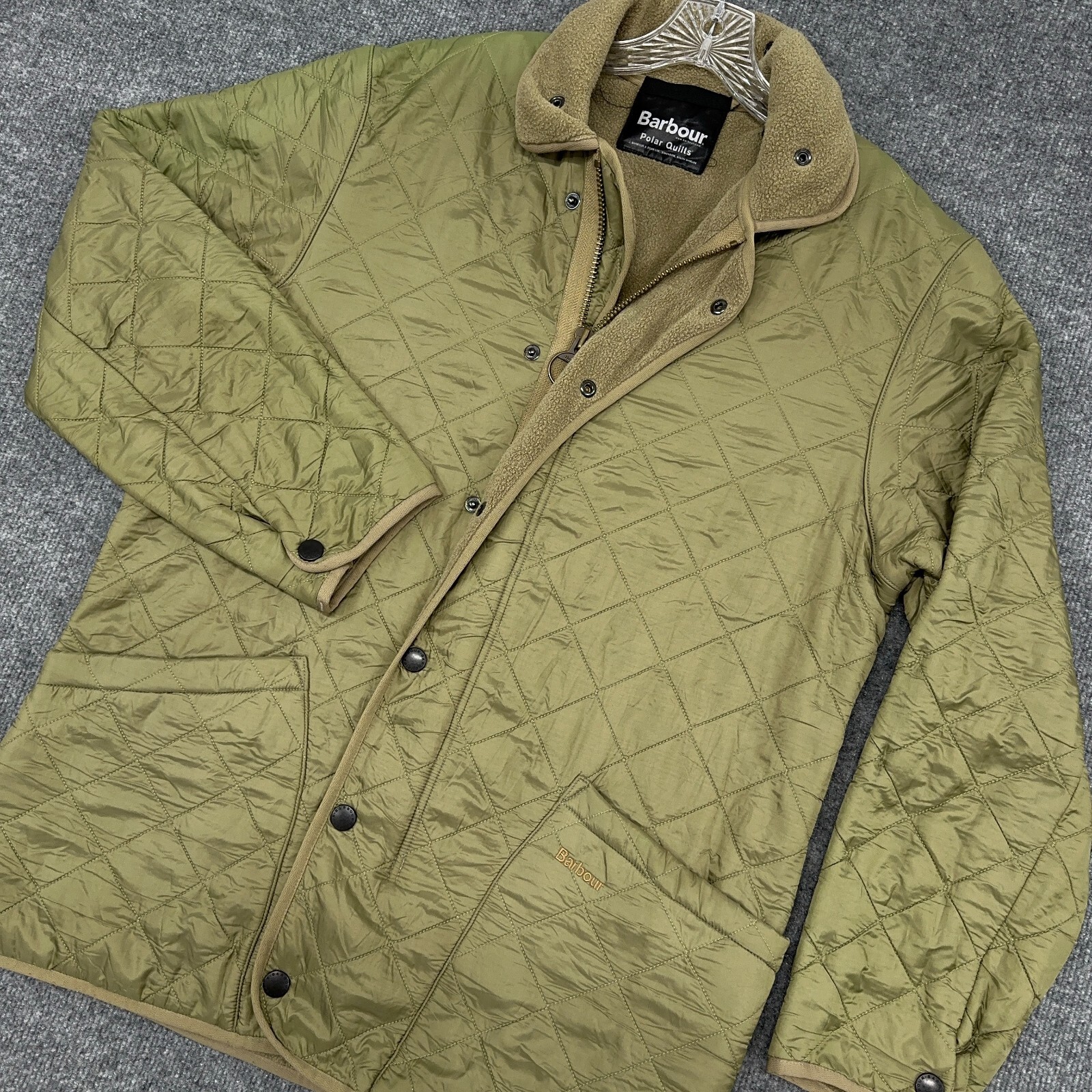 Barbour Jacket Mens S Green PolarQuilt Fleece Lined Long Chore Pockets Chinstrap