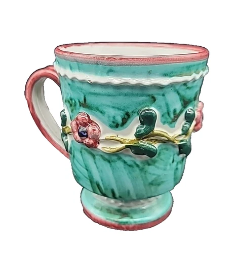 Vintage Italian Pottery Mug Hand Painted Floral Relief Marked Italy #380/602