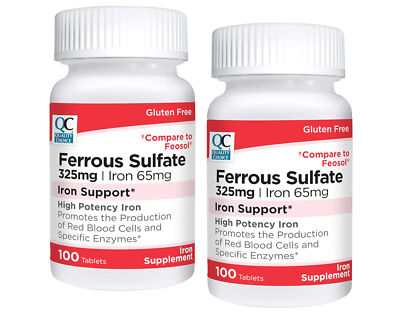 Quality Choice Ferrous Sulfate 325mg Iron Tablets, 100 Count - Pack of 2