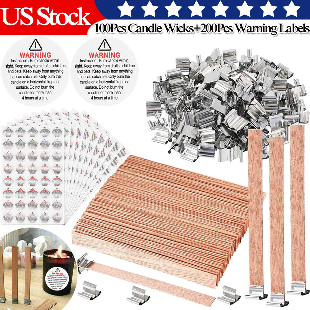 300PCS Smokeless Wood Candle Wicks with Iron Stand Candle Warning Label Stickers