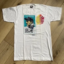 Vintage Lou Gehrig Baseball Yankees USPS Stamp T-Shirt Size M Single Stitch