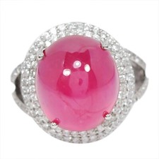 925 STERLING SILVER NATURAL RED RUBY OVAL CABOCHON  WHITE CZ RING SIZE 6.25