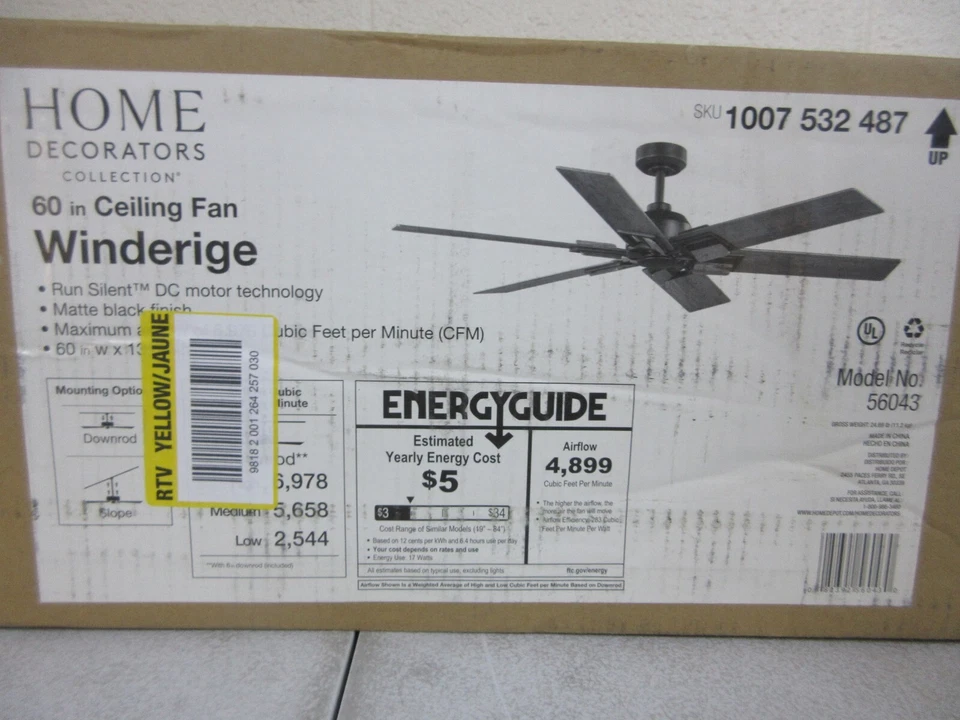 Home Decorators 60 in. Winderige Indoor Matte Black Ceiling Fan with Remote - Image 2 of 4