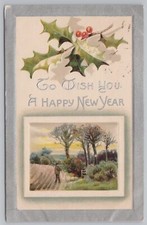 Holiday~Holly & Hunter In Woods New Year Greeting~Vintage Postcard