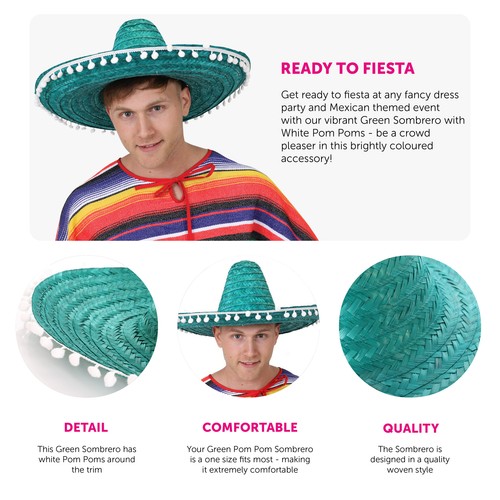 100 X GREEN MEXICAN SOMBRERO HAT WILD WEST FANCY DRESS COSTUME ACCESSORY MEXICO - Picture 2 of 6