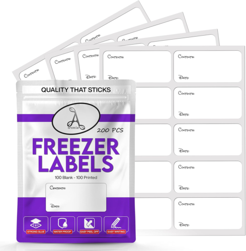 200 x Freezer Labels Easy Peel Off Printed & Blank - Frozen Food Freezer Labels - Afbeelding 1 van 7