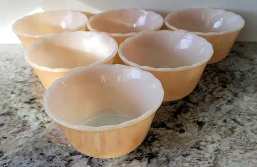 Vintage - 6 FIRE KING PEACH LUSTRE Ramekins Custard Cups w/ Scalloped Rims (EUC)