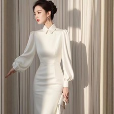 French Style Womens Puff Sleeve Mid Long Slim Fit Pencil Dress Ladies Office New