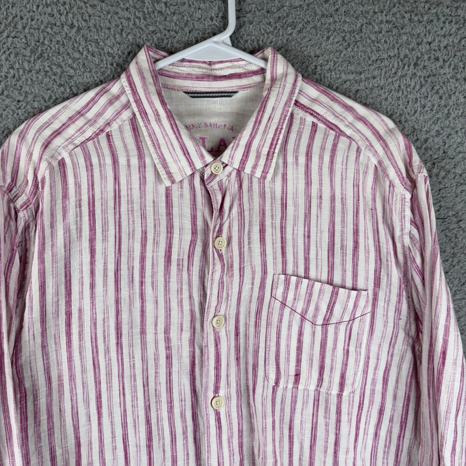 Tommy Bahama Shirt Mens L Pink Stripe Linen Long Sleeve Beach Relax Beach