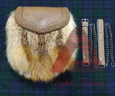 Scottish Dress Kilt Sporran Brown Leather Hand Engraved  Fox Fur With ChainBelt